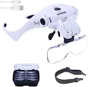 YOCTOSUN LED Head Magnifier, Rechargeable Hands Free Headband Magnifying Glasses with 2 Led, Professional Jeweler's Loupe Light Bracket and Headband are Interchangeable