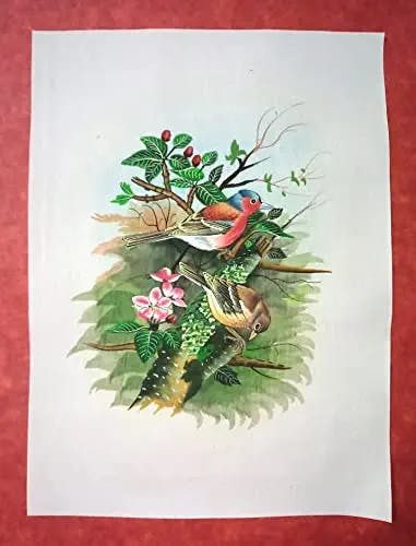 Colorful Little Couple Love Bird Handmade Miniature Painting on Silk PN11694