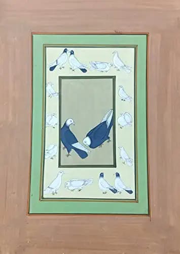 Mughal Style Pigeon Handmade Miniature Painting Beautiful Bird Border