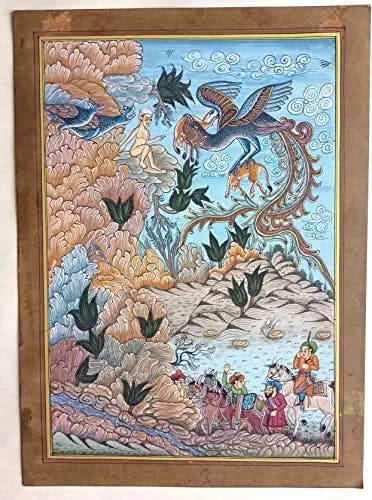 Zal Is Sighted by A Carvan Handmade Miniature Painting from Book Shahenamah