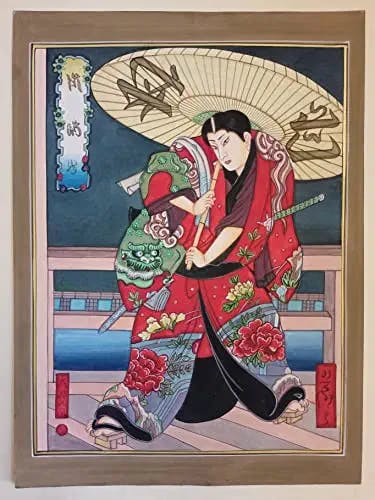Japanese Women Fighter Holding Umberella Handmade Miniature Japanese Painting