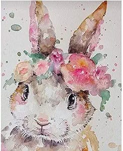 Diy Oil Painting, Adult's Paint by Number Kits, Acrylic Painting,Pink Flower Rabbit,16X20 Inch