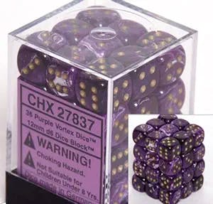 Chessex Dice D6 Sets: Vortex Purple with Gold - 12Mm Six Sided Die (36) Block of Dice