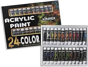 KINREX Acrylic Paint Set – Non Toxic Painting Supplies Kit for Kids , Adults , Students , Beginners , Artists , Creative Crafters & Professional , Safe Craft Paints for Canvas , Fabrics , Ceramics , Plastic , Crafts, 24 Color Art Tubes Craft Sets