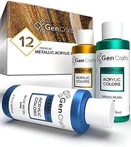 GenCrafts Metallic Acrylic Pouring Paint Set 12 Colors - Pre-Mixed High Flow & Ready to Pour - 2 oz./ 59 ml Bottles - Multi-Purpose Paints for Canvas & Paper, Rocks, Wood and More