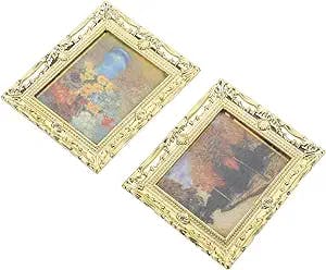 Veemoon 2pcs Decorative Gold Oil Painting Mini Frame Jewelry Accessories Picture Frame Ornament Miniature Ornament Miniature Display Suite Resin Furniture Miniature Painting Kit