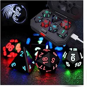 Glowing Dice Set 7Pcs, DND Dice, Shake to Light Up LED Dice Color Changing Glitter, USB Port Charging, for Dungeon and Dragons, D&D, Sci-Fi, Yu-Gi-Oh Table Games Dice (Black)