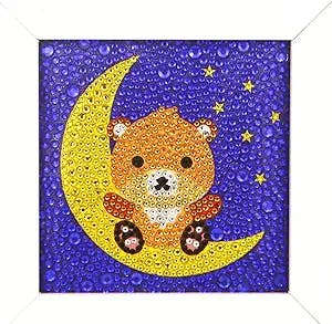 GEOUSY Easy DIY 5d Diamond Painting Kits with Wooden Frame for Kids and Beginners (Little Bear Sitting on The New Moon, 6 x 6 inch)