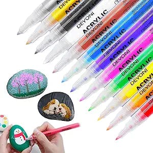 DEYONI 0.7mm 12 Colors Acrylic Paint Pens,Extra Fine Paint Pens Acrylic Markers for kids Canvas, Rock Painting, Wood, Fabric, Ceramic, Stone, Metal,art supplies
