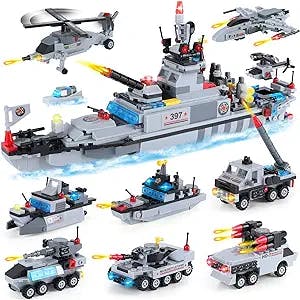886 Pieces City Police Coast Patrol Boat Building Kit with Army Vehicles, Helicopter, Airplane, Tank, 8-in-1 Military Battleship Building Set, Creative Birthday Gifts Idea for Kids Boys Aged 6-12