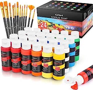 Caliart Acrylic Paint Set With 12 Brushes, 24 Colors (59ml, 2oz) Art Craft Paints Gifts for Artists Kids Beginners & Painters, Easter Basket Stuffers Pumpkin Canvas Ceramic Rock Painting Supplies Kit