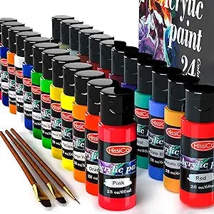 Acrylic Paint Set of 24 Colors 2fl oz 60ml Bottles with 3 Brushes,Non Toxic 24 Colors Acrylic Paint No Fading Rich Pigment for Kids Adults Artists Canvas Crafts Wood Painting