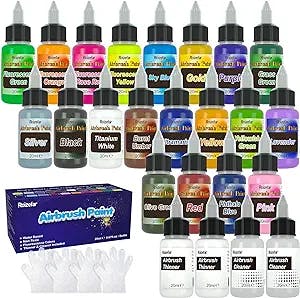 Airbrush Paint, 20 Colors with 2 Cleaner and 2 Thinner Airbrush Paint Set, Water-Based Air brush Paints Acrylic Ready to Spray Includes Metallic & Neon Colors, 20ml/Bottle