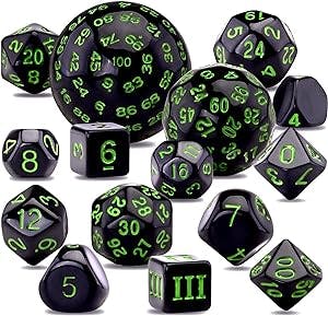 AUSTOR 15 Pieces Complete Polyhedral Dice Set D3-D100 Game Dice Set with a Leather Drawstring Storage Bag for Role Playing Table Games(Black & Green)