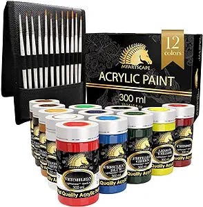 MyArtscape Acrylic Paint Set - 12 x 300ml Bottles Miniature Paint Brushes with Holder, Set of 12 for Detail & Fine Point Painting