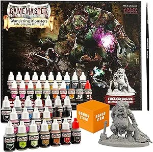 The Army Painter- DnD Paint Set Gamemaster Wandering Monsters Miniature Painting Kit with Bonus Item - 20 Warpaint 20x12ml with Mixing Balls, Snap-Fit Miniature, Basecoat Paint Brush & Painting Guide