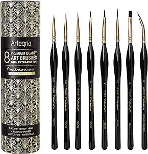 ARTEGRIA Detail Paint Brush Set - 8 Miniature Paint Brushes - Extra Fine Tips Ergonomic Handles Angled Spotter for Small Scale Models Warhammer 40k Paint by Numbers for Adults - Acrylic Watercolor Oil